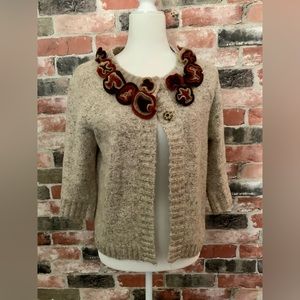 Ruby Rd. Sweater Cardigan with fabric flower detail, PM, EUC.